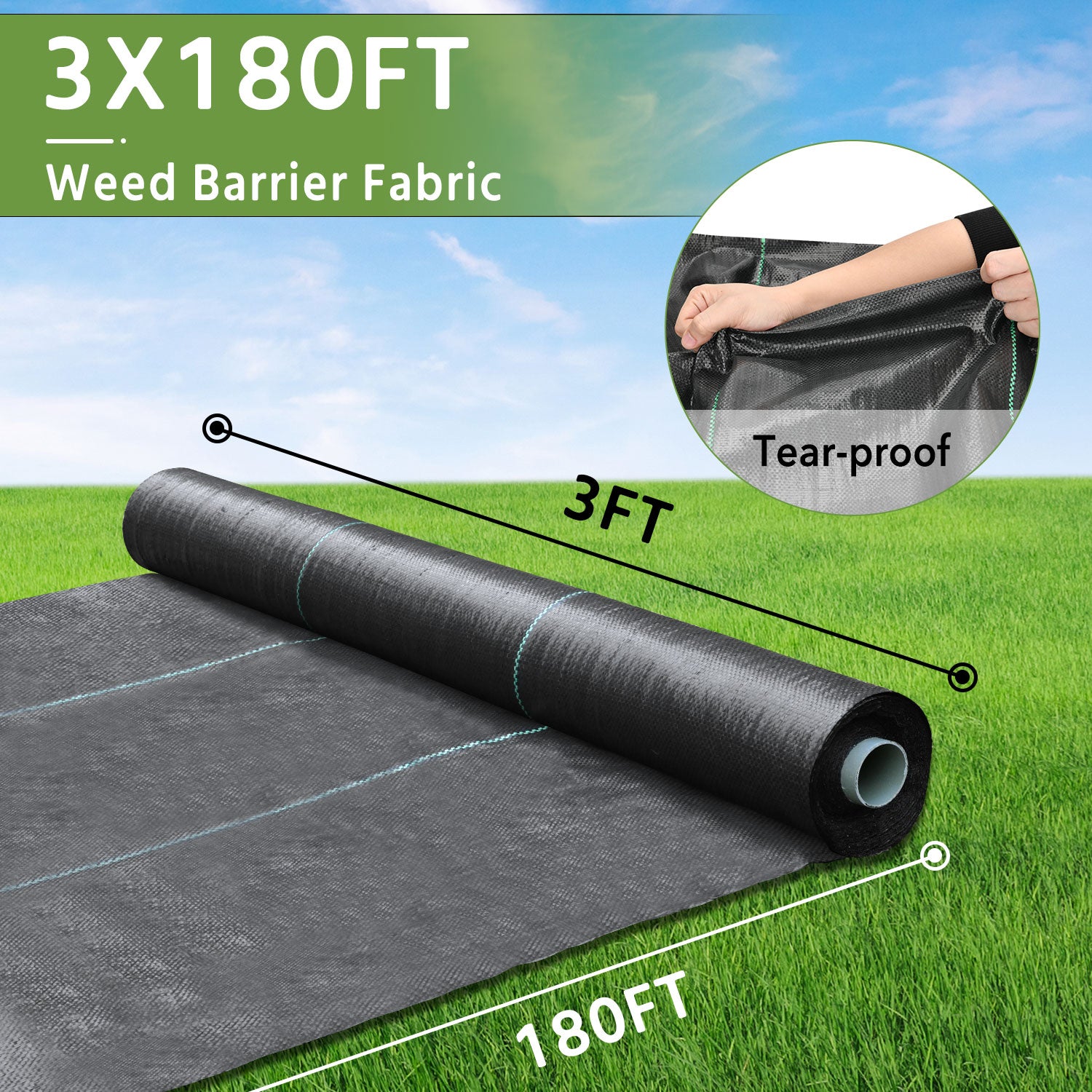 Roll of weed barrier fabric with dimensions and features highlighted on a grassy background.