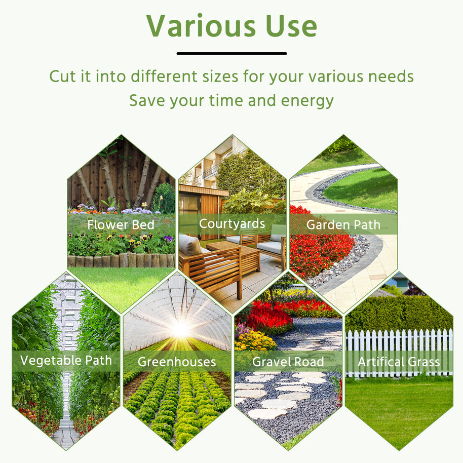 Hexagonal tiles showcasing various gardening uses with text on a white background
