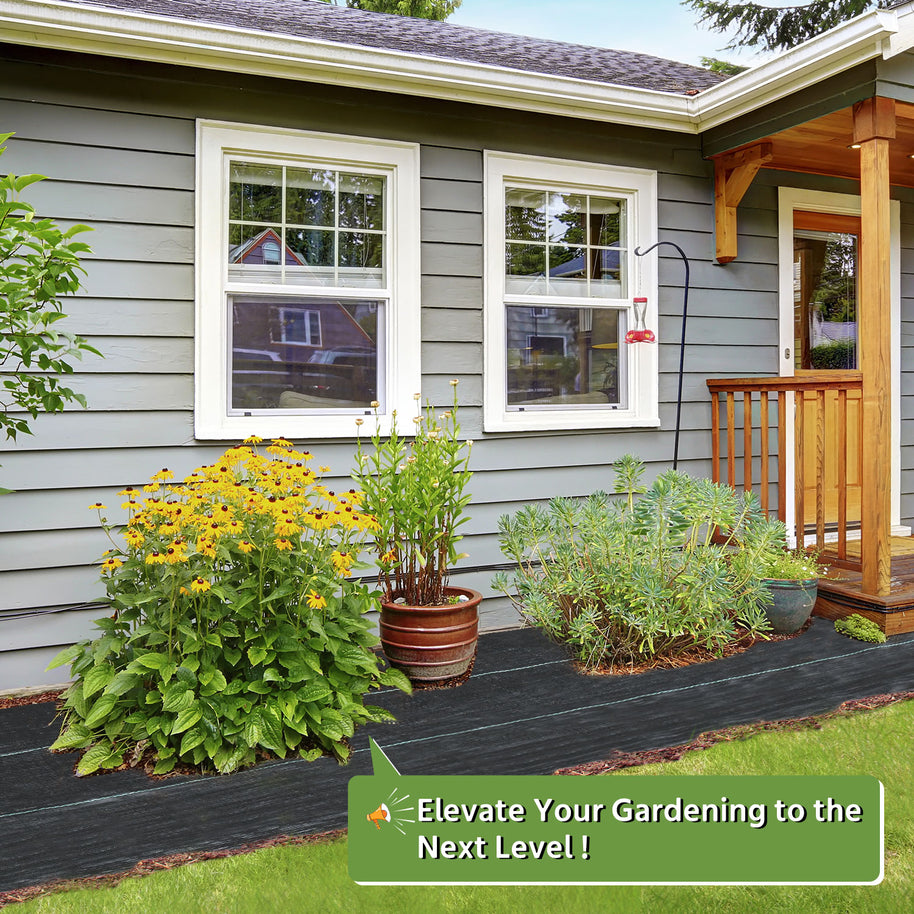 Front of a house with garden beds and plants, featuring text 'Elevate Your Gardening to the Next Level!'.