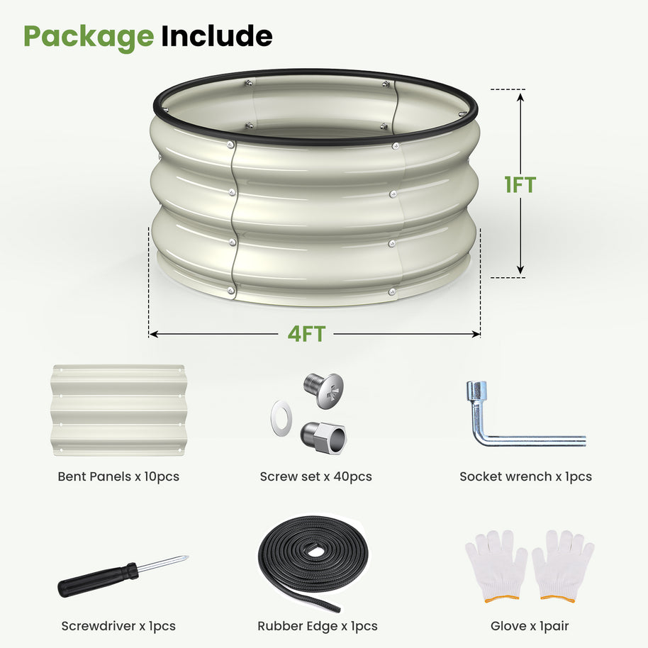 Product package with components including a flexible pipe, bent panels, screws, socket wrench, screwdriver, rubber edge, and gloves on a white background.